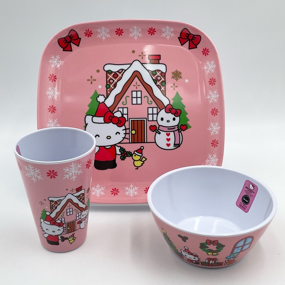 Hello Kitty Holiday Melamine Dinnerware Set Christmas Plate, Bowl, & Cup